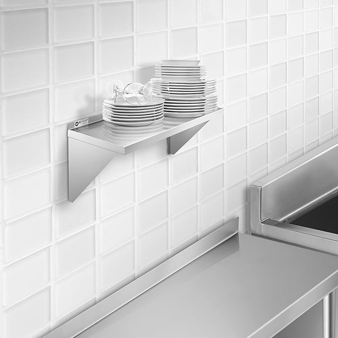 KUTLER Stainless Steel Shelf - 12 x 24 NSF Commercial Wall Mount Shelves with Backsplash Floating Metal Shelving for Restaurant Kitchen Home