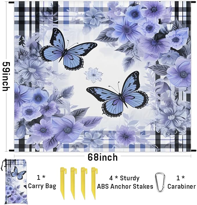Waterproof Sandproof Beach Blanket 59''×68'' Butterfly Polyester Outdoor Picnic Blanket with 4 Stakes &amp Storage Bag for BeachCampingVacation Purple