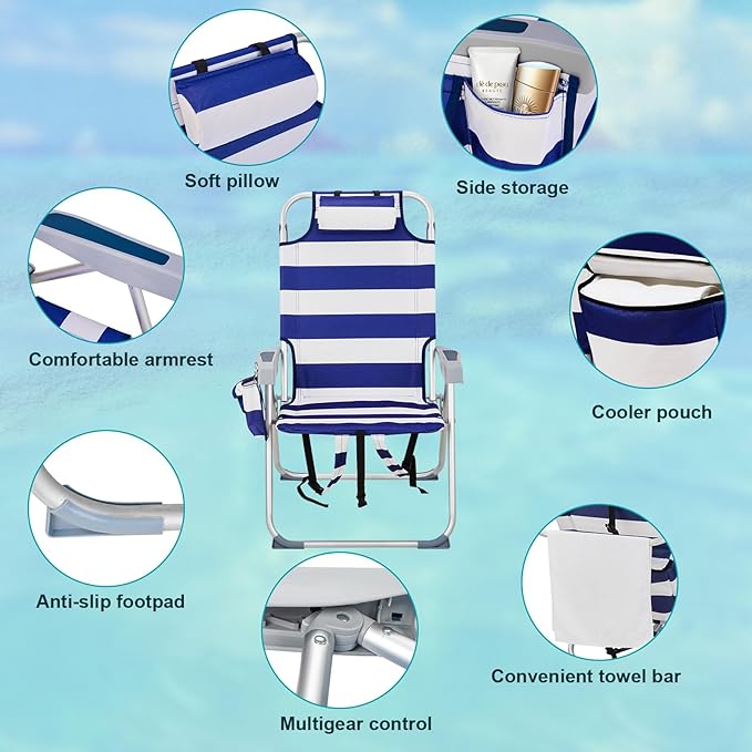 Reclining Backpack Beach Chair Folding Beach Chair for Adults Lightweight Beach Chair High Back Beach ChairsLightweight Folding Beach Camping Chairs Blue Stripes 63 x 70 x 99cm
