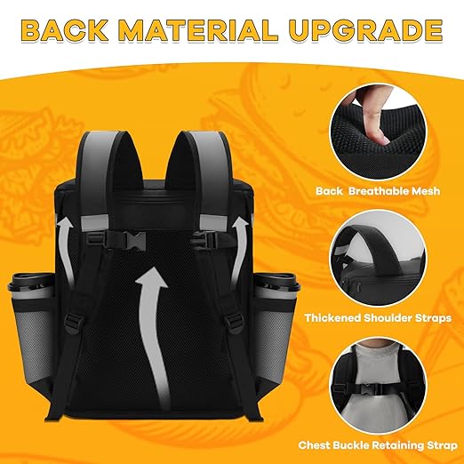 Ytonet Food Delivery Backpack with 7 Cup Holders XX-Large Expandable Delivery Bag for Hot/Cold Food with Reflective Strip Insulated Grocery Backpack Fits for Bike Uber Eats Grubhub Doordash Grey