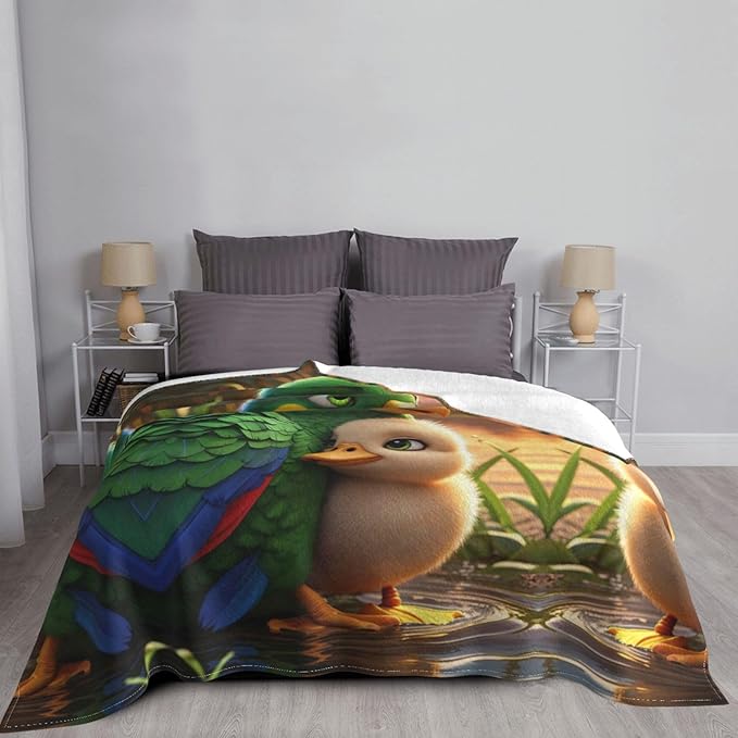 Green Parrot 80x60 Printed Soft Fleece Blanket for Sofa Bed and Camping - Cozy Blanket for Travel Picnics Nighttime Use