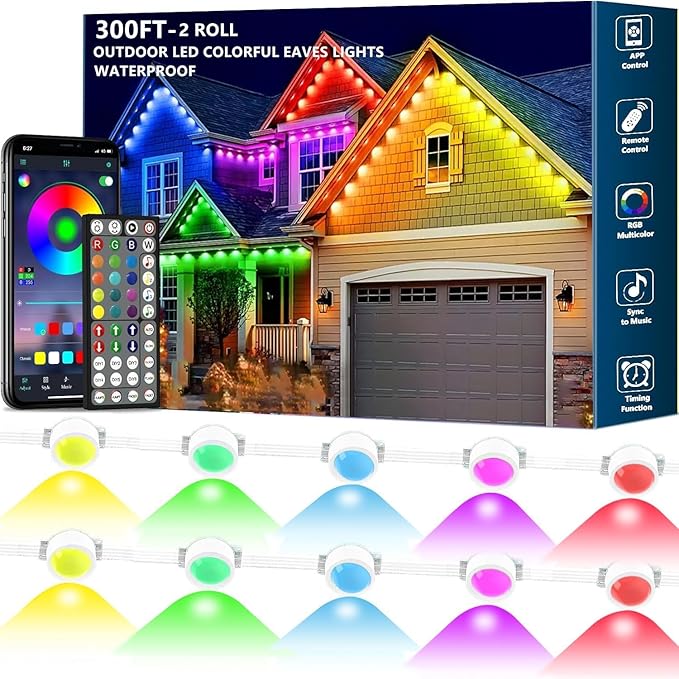 300FT Permanent Outdoor RGB LightsIP67 Waterproof Smart LED Eaves Lights with App/Remote Controlfor Christmas and All Holiday DecorDaily and Accent LightingHouse Roof and Garden Lighting