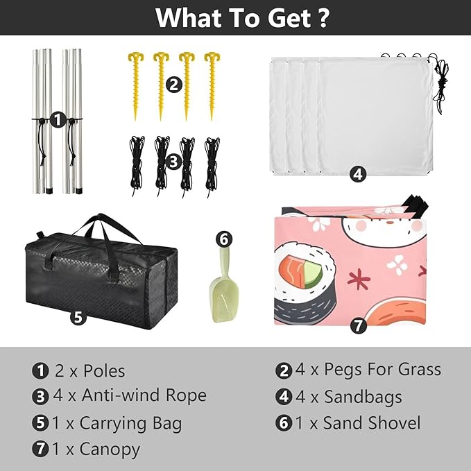Sushi Pattern Pink Beach Tent Sun Shelter 9.2' x 10.5' Beach Canopy with 4 Sandbags 4 Stability Poles Sand Shovels - Tent Canopy for Beach Camping Fishing Picnics