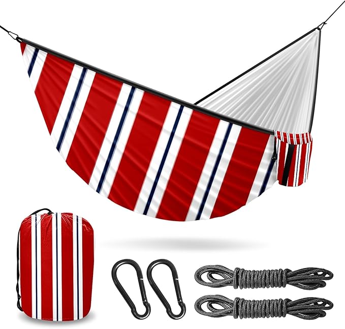 Outdoor Camping Hammock Stripes Red White Double Single Hammocks with 2 Tree Straps Lightweight Portable Heavy Duty Nylon Hammocks for Backpacking Travel Beach Backyard Patio Hiking