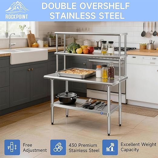 ROCKPOINT Stainless Steel overshelf for Prep Work Table 12 D x 48 WCommercial Double Overshelf in Kitchen HomeRestaurantGarage with countertop Capacity 380lb