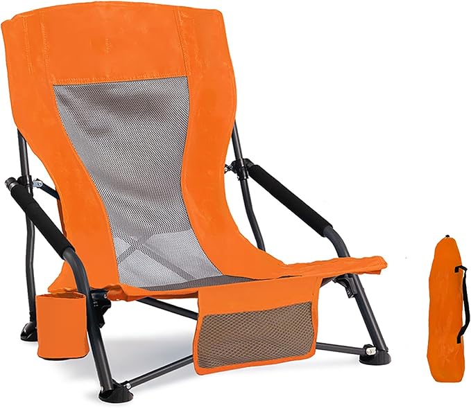 Portable Folding Beach Chair for Adults - Lightweight Low Back Sling Chair with Cup Holder &amp Storage Pocket 300lbs Capacity Camping Chair for Outdoor Lawn Concert Travel (Orange)