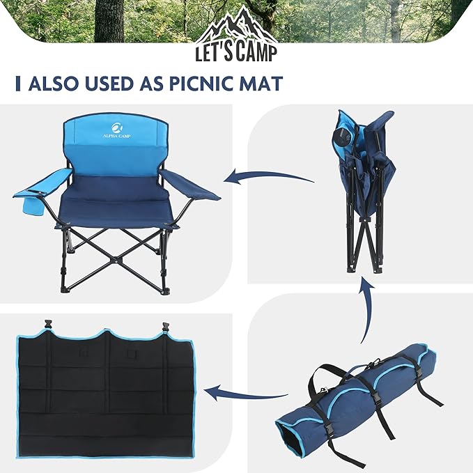 LET'S CAMP 2 Pack Folding Camping Chairs Low Chair Quad Portable with Cup Holder Steel Frame Collapsible 250LBS