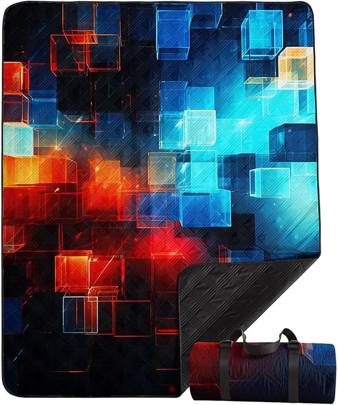 Outdoor Picnic Blanket Portable Ultrasonic Waterproof Picnic 3D Blocks Printed Camping Beach Mat for Sand and Wet Grass Hiking (3D Blocks S