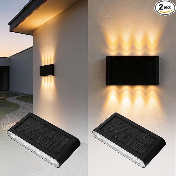 Solar Wall Lights Outdoor 2 Pack Up and Down Solar Wall Sconce 3000K Warm White Dusk to Dawn IP65 Waterproof Exterior Mounted Lights Up to 16H Runtime for Porch Doorway Entryway