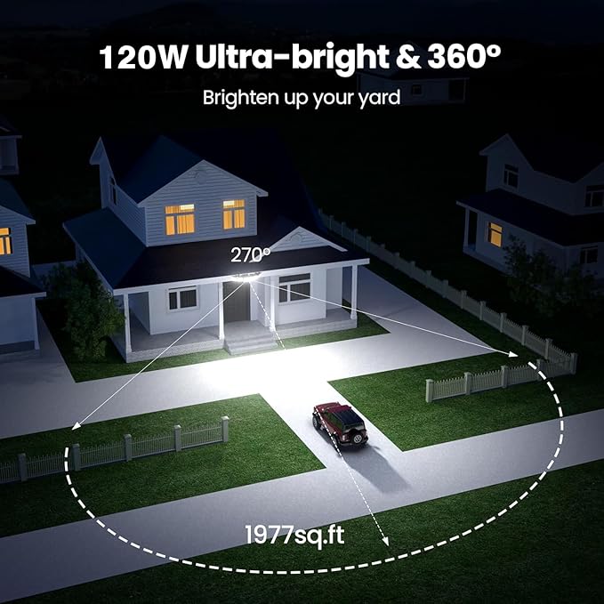 Olafus 120W Plug in Flood Lights Dusk to Dawn LED Outdoor Light with Remote 5 Adjustable Heads IP65 Waterproof LED Security Light with Photocell for Yard Garden Porch Black