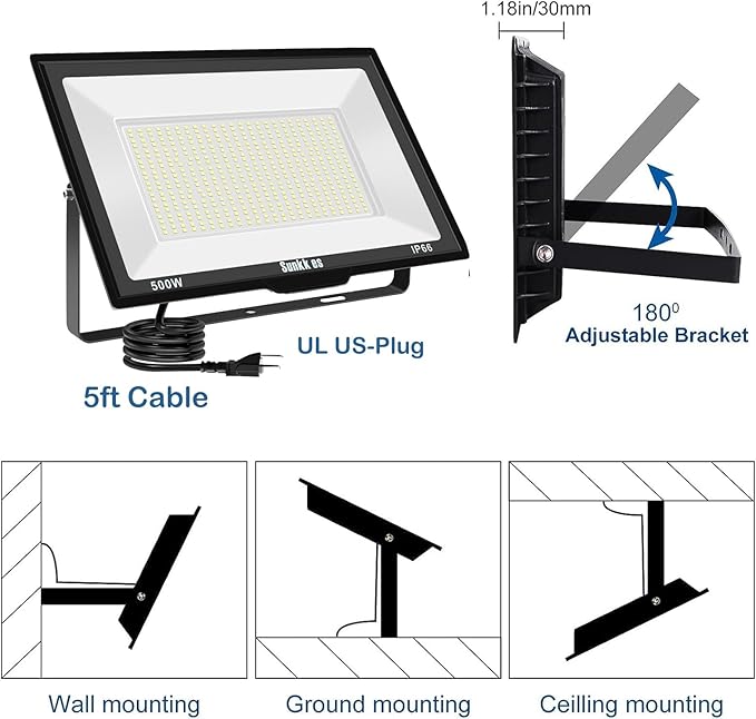 500W LED Flood Lights Outdoor 2 Pack IP66 Waterproof 6000K Daylight White Security Lights Outside Bulb Exterior Wall Lights for Yard Stadium Garden