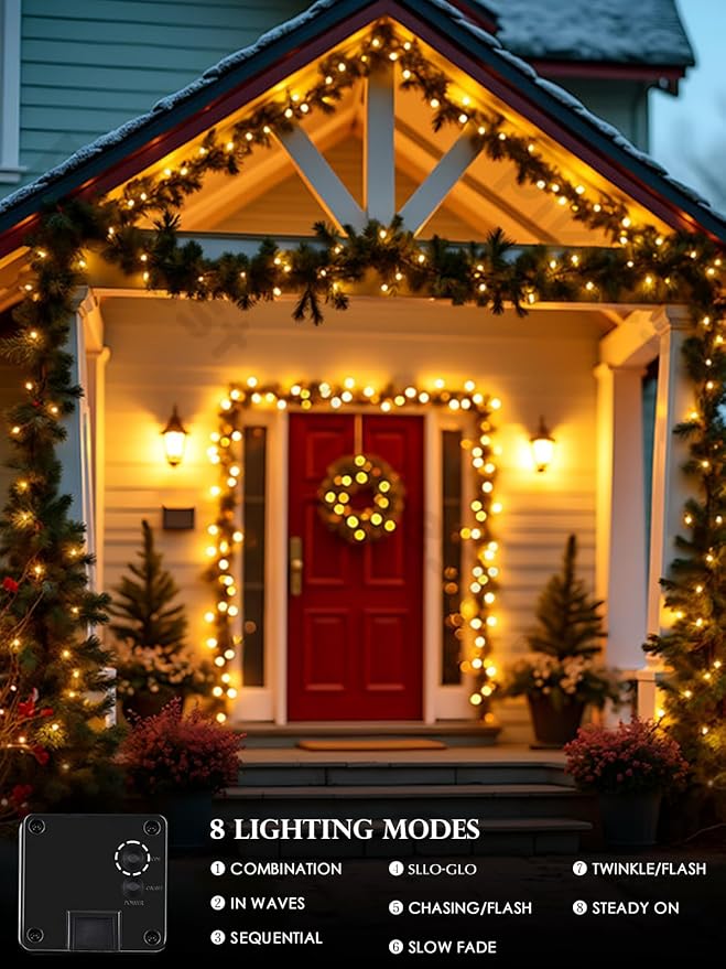 Warm White Solar Christmas Lights Outdoor Decorations Waterproof Tatal 2 Pack 200LED 66FT Solar String Lights Green Wire with 8 Modes Christmas Fairy Light for Xmas Tree Party Wedding Garden Decor