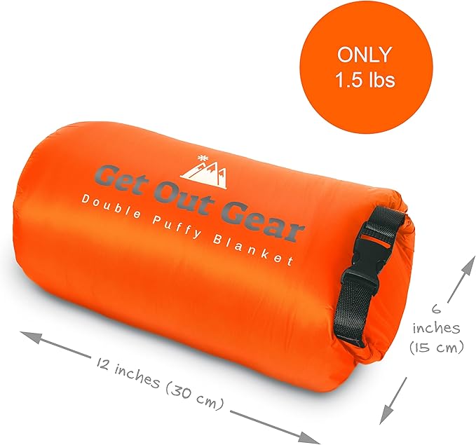 Get Out Gear Double Puffy Camping Blanket - Extra Puffy Packable Lightweight and Warm | Ideal for Outdoors Travel Stadium Festivals Beach Hammock | Water-Resistant Camp Quilt (Orange/Gray)