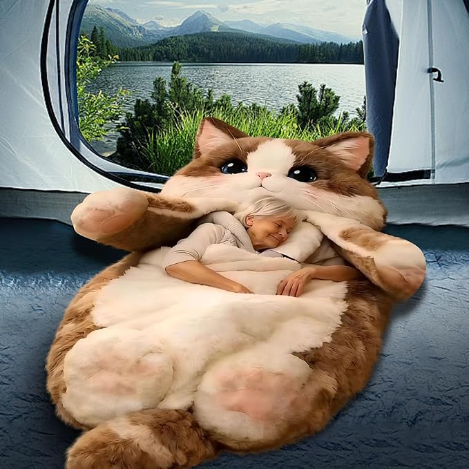 Fluffy Cat Sleeping Bag for Adults Plush Cat Shaped Sleeping Bag for Adults Adorable Cats Envelope Sleeping Bags Washable Warm Blanket for Camping and Home Lounging 68.9x31.5 Inch