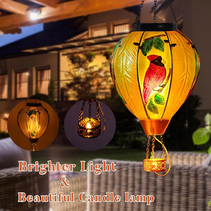 Large Hot Air Balloon Cardinal Solar Lantern Lights with Flame Green Glass Balloon Lantern Waterproof Outdoor Decor for Garden Yard Patio Birthday Mother's Day Gifts for Moms Women