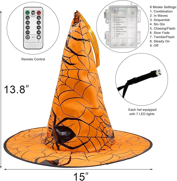 DAZZLE BRIGHT 8 Pcs Hanging Witch Hat String Lights Light Up Waterproof Halloween Decorations with Remote Control for Outdoor Garden Party Carnival Supplies Decor (2 Pack)