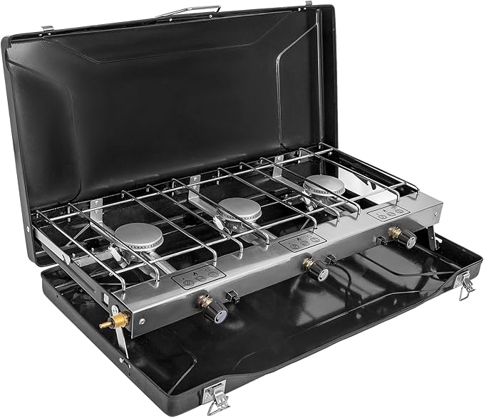Camping Stove 3 Burner Propane Portable Camp Stove with Regulator Push-Button Instant Ignition Portable Camp Grill Adjustable Burners for Car Camping Outdoor Cooking (BLACK-19800 BTUs)