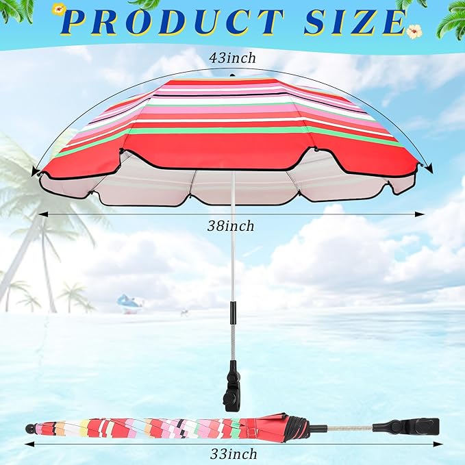 Buryeah 2 Pcs Automatic Chair Umbrella with Universal Clamp 44 UPF 50+ Portable Clamp on Beach Chair Adjustable Wheelchair Umbrella for Outdoor Patio Parasol