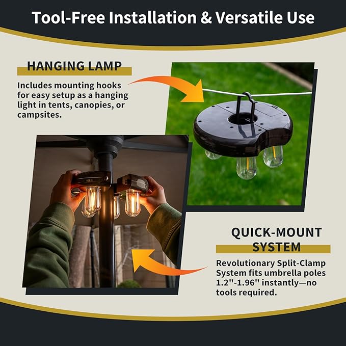 Patio Umbrella Light with Remote Control Rechargeable Cordless LED Edison Bulbs Pole Light with 10 Brightness Levels for Garden Patio Backyard Camping or BBQ - Brown (2 Pack)