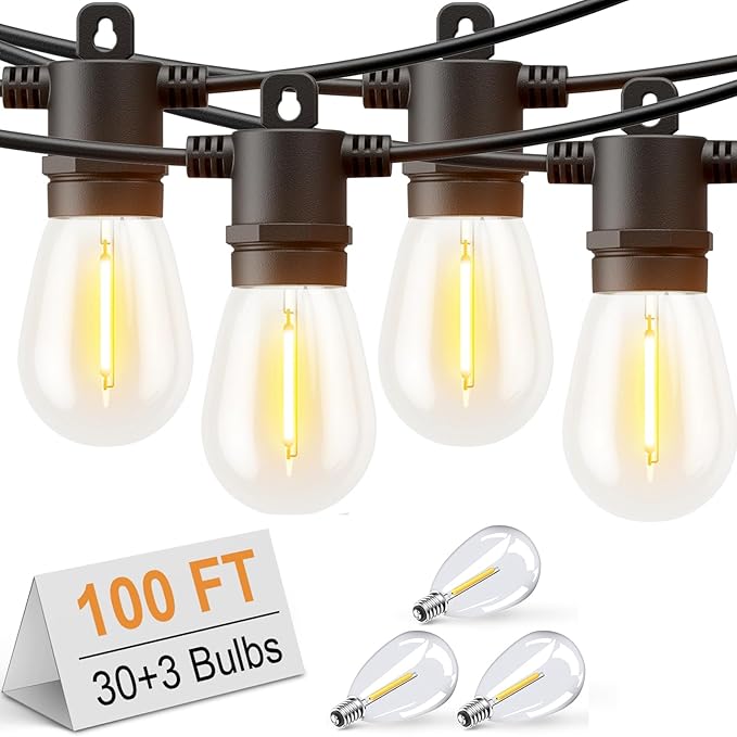 Svater LED Outdoor String Lights 100 FT Patio Lights with Shatterproof Bulbs Outside Hanging Light Waterproof for Porch Deck Garden Backyard Balcony Dimmable 2700K