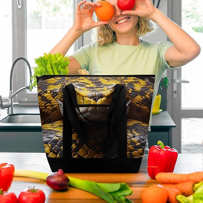 Insulated Shopping BagLarge Reusable Cooler Bags Yellow Snake Printed Foldable Shopping BagTravel Waterproof Shoulder Bag