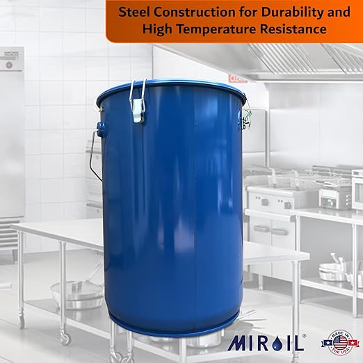 MirOil 6 Gallon Blue Oil Grease Bucket &amp Filter Pot – Steel Fryer Container w/Lid Lock &amp Clip Food Grade Interior Coating - Hot Grease Collection Pot for Disposal Under Drain Valves – Model #