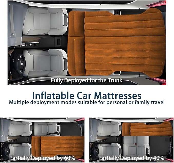 Car Air Mattress - Inflatable Camping Bed Compatible with Tesla Model Y Thickened Flocked AirBed for Trunk/Backseat/Sedan/SUV/RV Sleeping Pad with Pump and 2 Pillows for Camping Travel Outdoor Brown