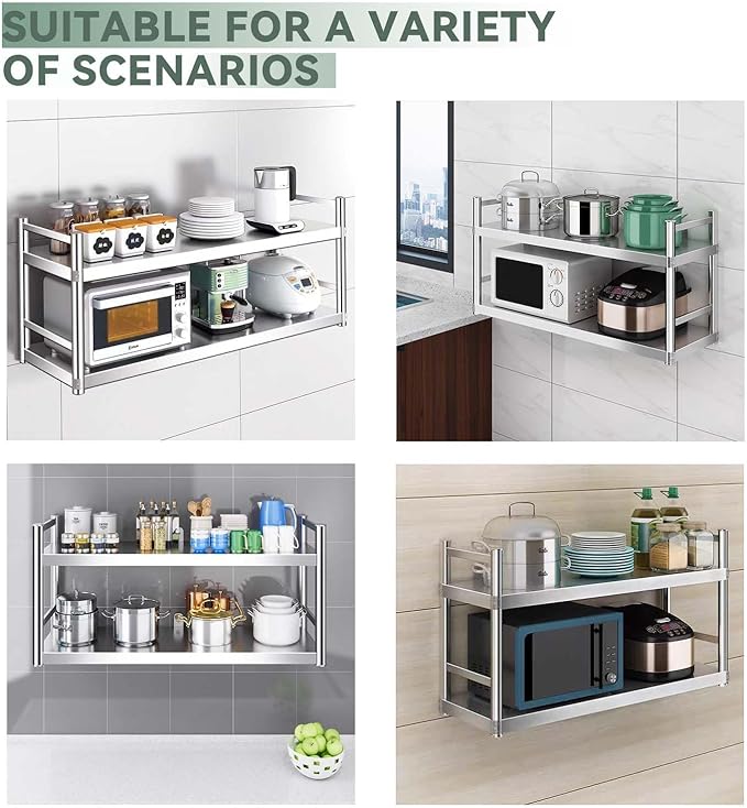 Stainless Steel 2 Tier Shelves with Guardrail for Kitchen Pantry Multi Purpose Organizer Shelf Wall Mounted Heavy Duty Storage Rack for Kitchen Appliances(80x30x75cm)