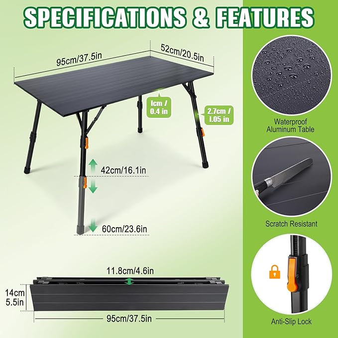 Portable Camping Table Foldable: No-Assembly Aluminum Folding Camping Table with Height Infinitely Adjustable &amp Carry Bag - Camp Table for Camping Picnic Beach RV BBQ