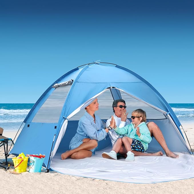 COVACURE 2026 New Upgraded Beach Tent Sun Shelter for 3-4 Person - UPF 50+ UV Protection Beach Shade Waterproof &amp Lightweight Easy Setup Portable Sun Canopy for Camping Fishing Beach(Blue)