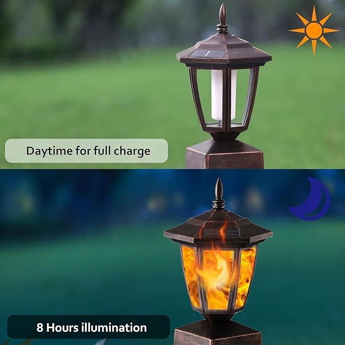 Dynaming 4 Pack Solar Flame Post Lights Outdoor Solar Powered Lamps Fence Post Cap Lights Flickering Flame LED Lantern Waterproof for Garden Deck Patio Fit 4x4 5x5 or 6x6 Wooden Posts Bronze
