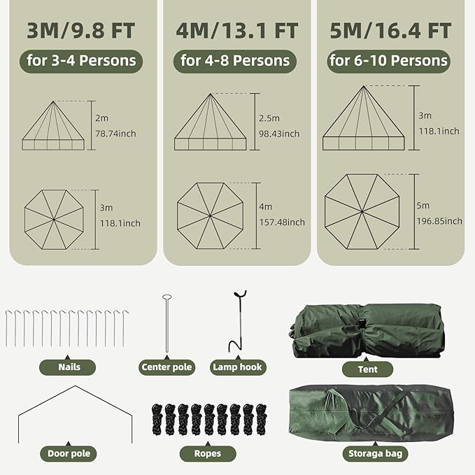 YOLENY Bell Tent Yurt Tent 4/6/8/10 Person 4 Season Waterproof Glamping Tents w/Stove Jack for Family Camping Outdoor Party Glamping Tents for Camping - 10/13.1/16.4FT