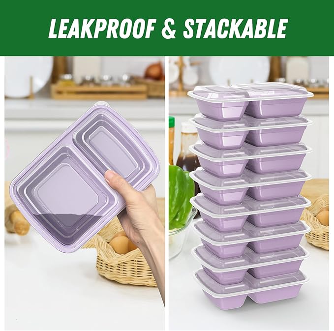 50 Pack (100-Piece) 28 oz Meal Prep Containers Reusable with Lids 2-Compartment Sturdy Leakproof Food Safe Microwave Freezer Dishwasher Safe To Go Take Out Plastic Food Storage Lilac