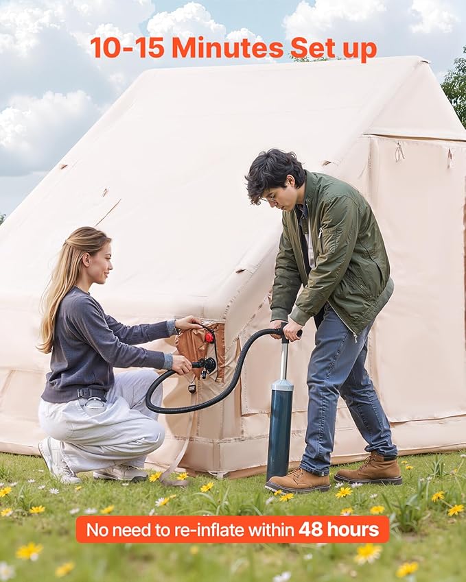 VEVOR Inflatable Tents for Camping Easy Setup Blow up Tent with Hand Pump 4 Season Glamping Tent with Stove Jack Doors &amp Mesh Windows Storage Bag Included for Easy Taking