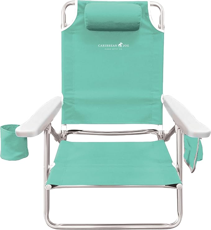 Caribbean Joe Folding Beach Chair 5 Position Lightweight Portable Reclining Outdoor Camping Chair with Headrest Shoulder Strap and Cup Holder Mint