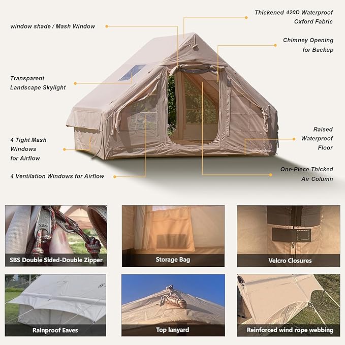 Inflatable Tents for Camping Large Inflatable Camping Tent with Hand Pump Easy Setup Tents for 4-6 People Portable Glamping Tent