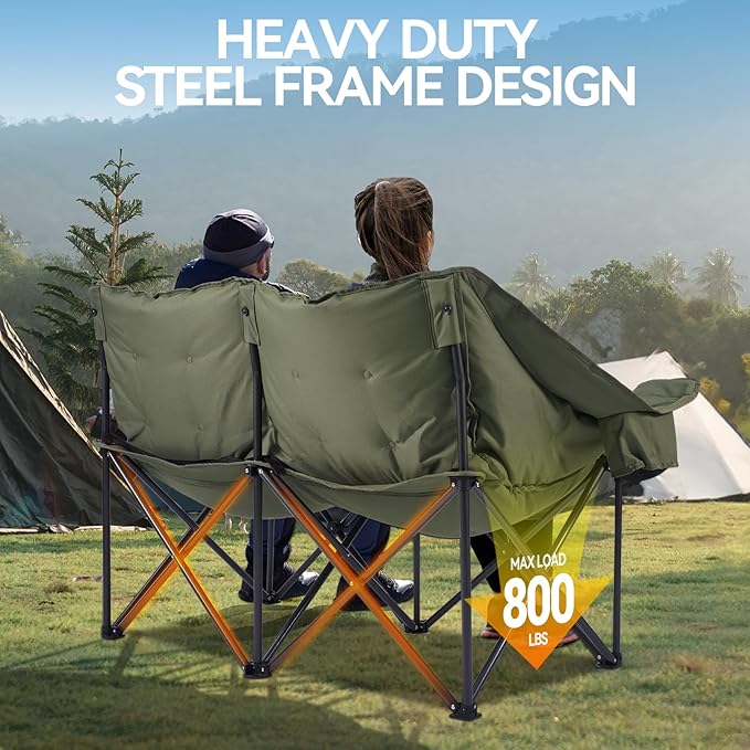 Double Camping Chairs Padded Loveseat Chair for 2 Person - Heavy Duty Oversized Camping Couch for Adults Outdoor Lawn Beach - Portable Folding Sofa with Cup Holders and Carry Bag Green