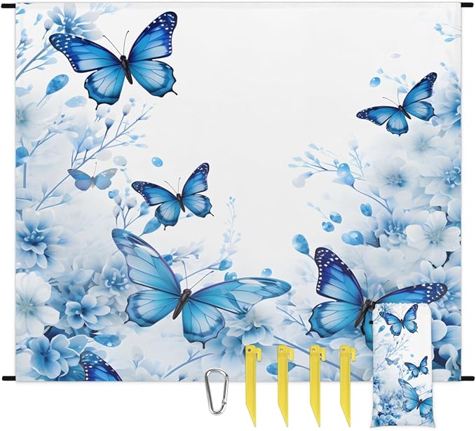 Waterproof Sandproof Beach Blanket 59''×68'' Butterfly Polyester Outdoor Picnic Blanket with 4 Stakes &amp Storage Bag for BeachCampingVacation Light Blue