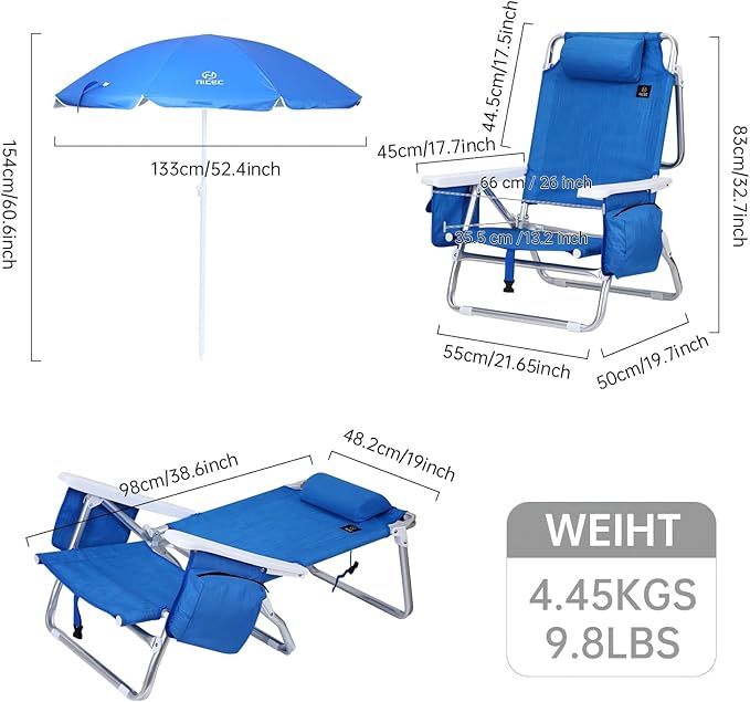 Nice C Blue Backpack Beach Chair with Cooler and Umbrella 5 Position Reclining Beach Chair for Adults with Cup Holder Canopy Shade Cooler Bag for Outdoor Camping Travel Picnic (2 Pack Blue)