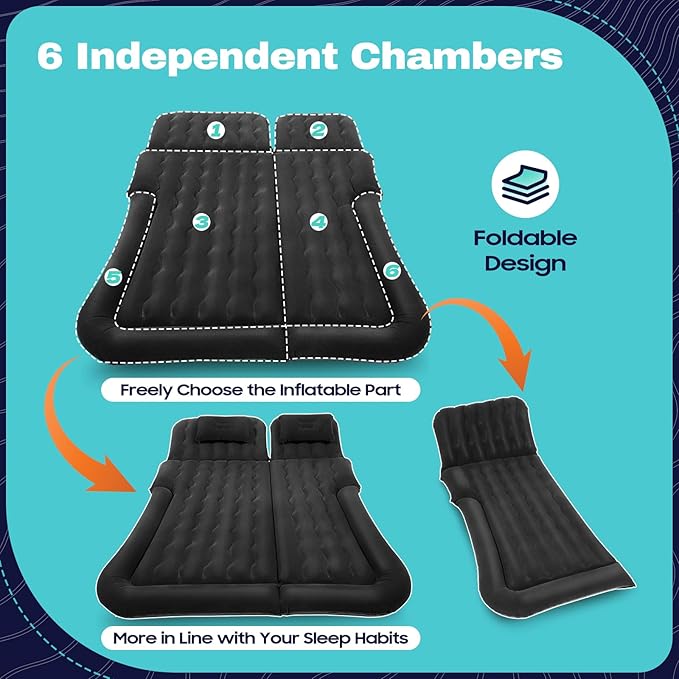 Inflatable Bed Mattress Car Bed Truck Air Mattress Back Seat Sleeping Beds Quick Inflation Travel Bed with Air Pump Comfortable for Camping Fits Most Car Tent SUV Sedan Pickup Back Seat (black)