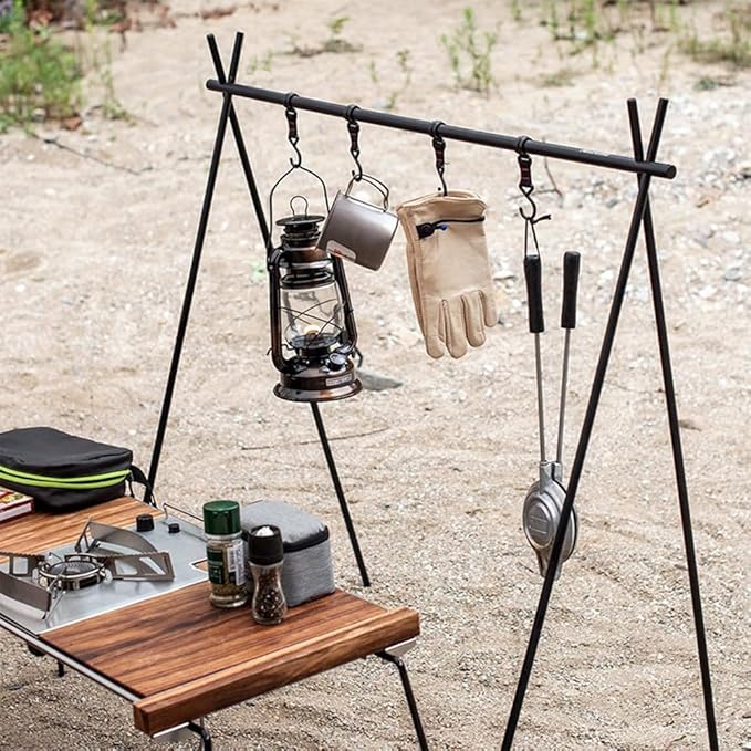 Foldable Tripod Camping Hanging Rack - 4 Hooks Outdoor Cookware Storage Portable Outdoor Camping Folding Rack