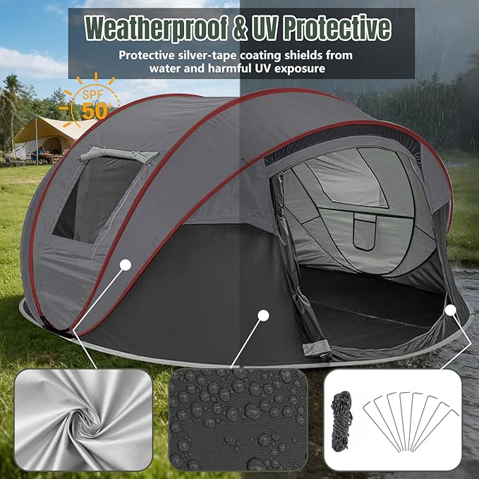 Instant Pop Up Camping Tent 4-6 Person TentsAutomatic Set Up Tent in 3 SecondsWaterproof Sunshade Family TentPortable Lightweight Dome Tent for Outdoor CampingHikingTravel &amp Beach