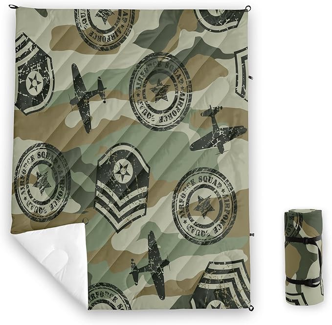 Axolotl Camouflage Printed Camping BlanketLightweight Portable Waterproof Puffy Military Themed Travel BlanketAircraft Medal Packable Outdoor Blanket for PicnicCampingTravelStadiumHikingGreen