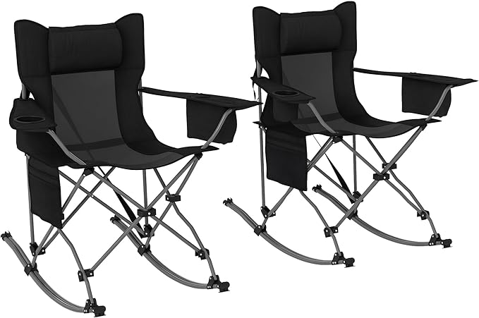 Outsunny Folding Rocking Camping Chairs for Adults Portable Outdoor Rocking Chairs with Headrest Cooler Bag Cup Holder Carry Bag for Picnic Outside and Outdoor Travel 2 Pack Black