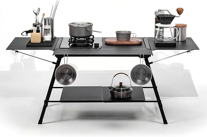 Portable Outdoor Camping Table with Extension Boards Spider Stove and 2 Shelves Foldable Grill Table for Beach BBQ Picnic