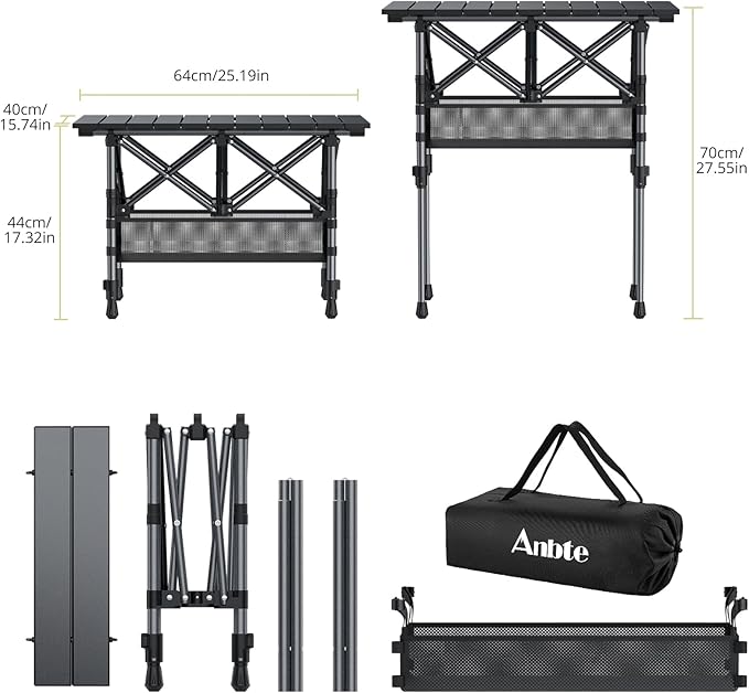 Anbte 2ft Small Roll Up Camping Table 2 Adjustable Height Aluminum Portable Camping Table with Storage Net &amp Bag Lightweight Waterproof Folding Table for Indoor Outdoor BBQ Picnic 25” X 16” Bl