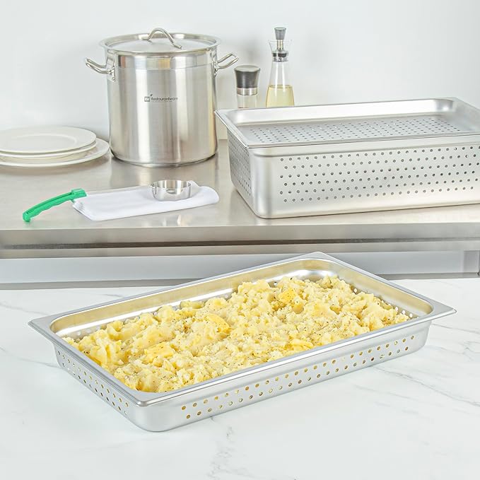 Restaurantware Perforated Hotel Pan 1 Count Full Size Anti-Jam 2.5â€ Deep Freezable 24 Gauge Stainless Steel Steam Pan - Lid Sold Separately for Use in Commercial Kitchens and Catering Events