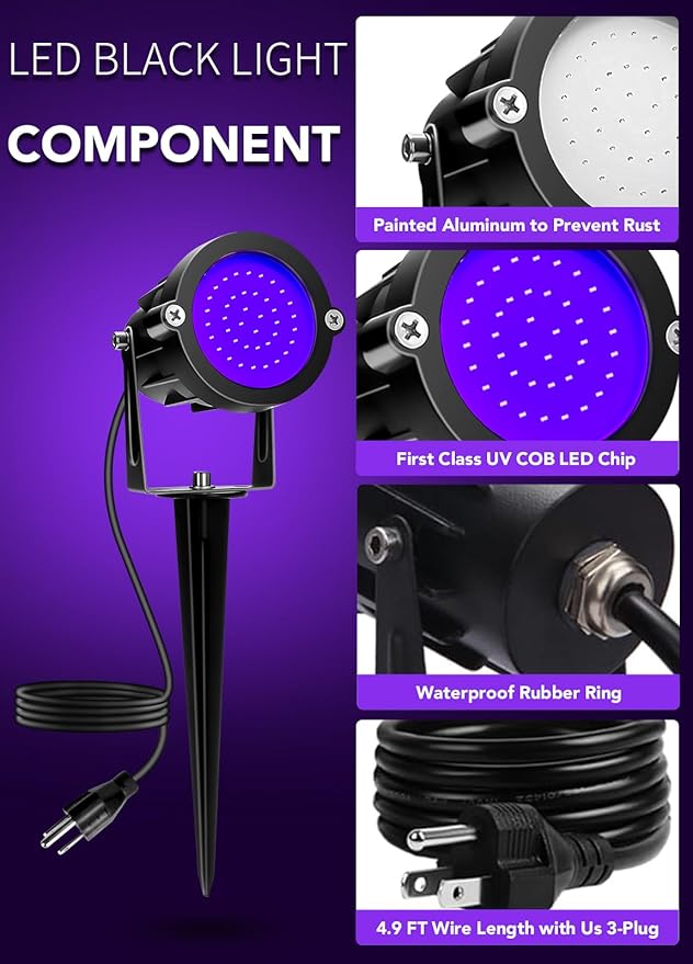 Elenora Halloween Spotlights Outdoor 15W LED Black Light/Blacklight for Glow Party Body Paint Fluorescent Poster 110V Plug-in Spot Light IP65 Waterproof Landscape Lighting for Yard Garden 2 Pack