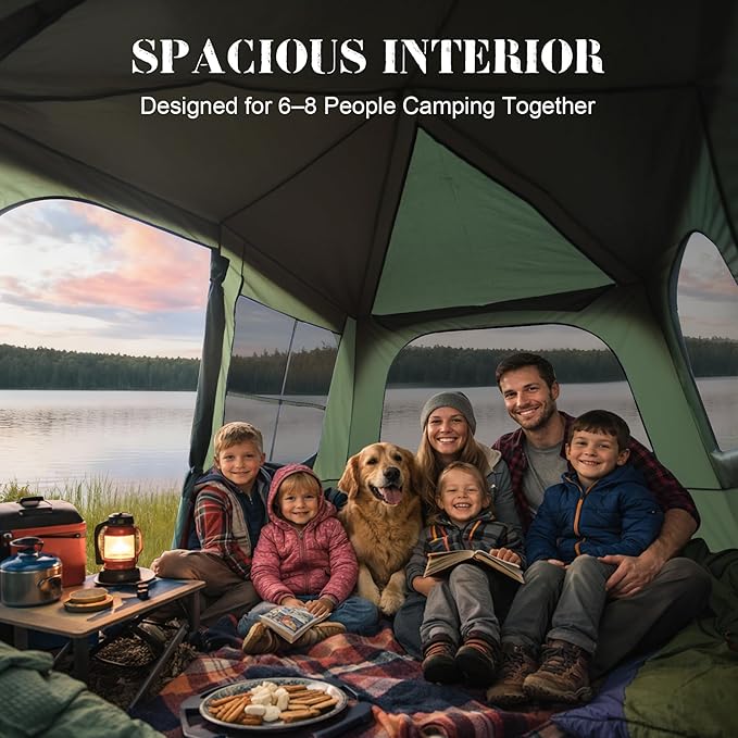 6-8 Person Camping Tent with Porch Large Family Cabin Tent with 2 Rooms 3 Doors Tall &amp Spacious Waterproof Glamping Tent Big Tents for Outdoor Camping Hiking Backyard