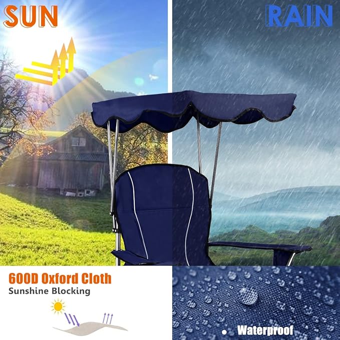 GYMAX Camping Chair Folding Outdoor Lawn Chair with Canopy Carry Bag &amp Cup Holder Portable Heavy Duty Camp Chair for Outside Travel Picnic Beach Soccer Chairs (Blue)